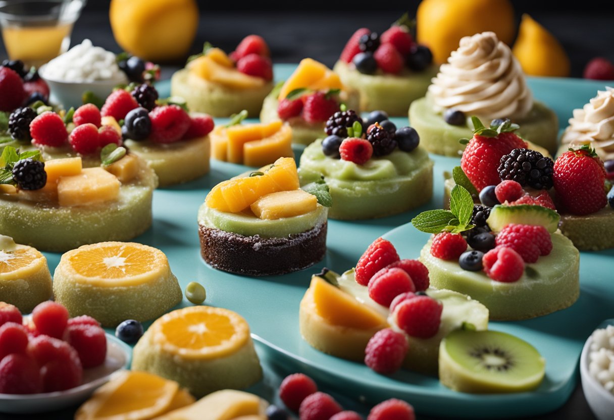 Uma variedade colorida de sobremesas congeladas dispostas em uma mesa com frutas frescas e coberturas decorativas