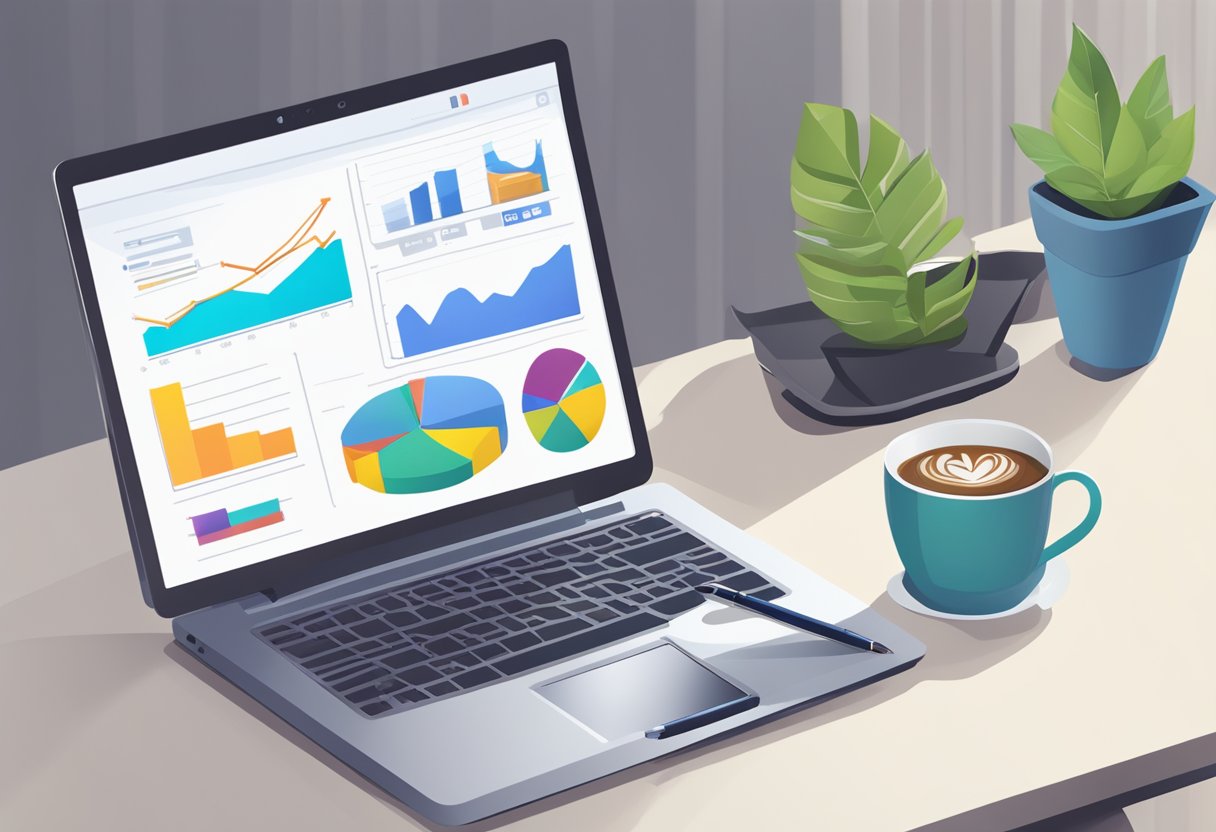 A laptop on a desk with a notepad, pen, and a cup of coffee. A graph showing website traffic growth on the screen