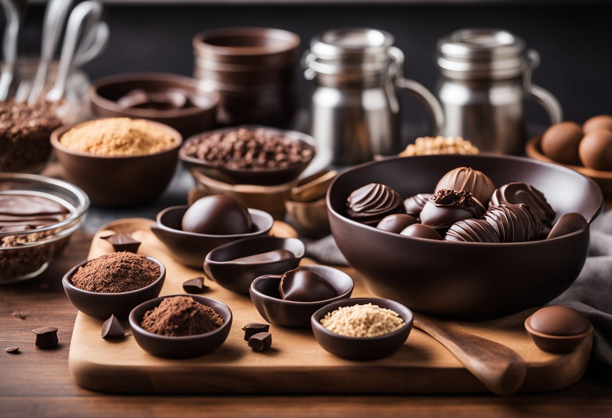 Uma bancada de cozinha com tigelas de ganache de chocolate, chocolates caseiros e vários ingredientes e ferramentas para fazer guloseimas de chocolate caseiras.