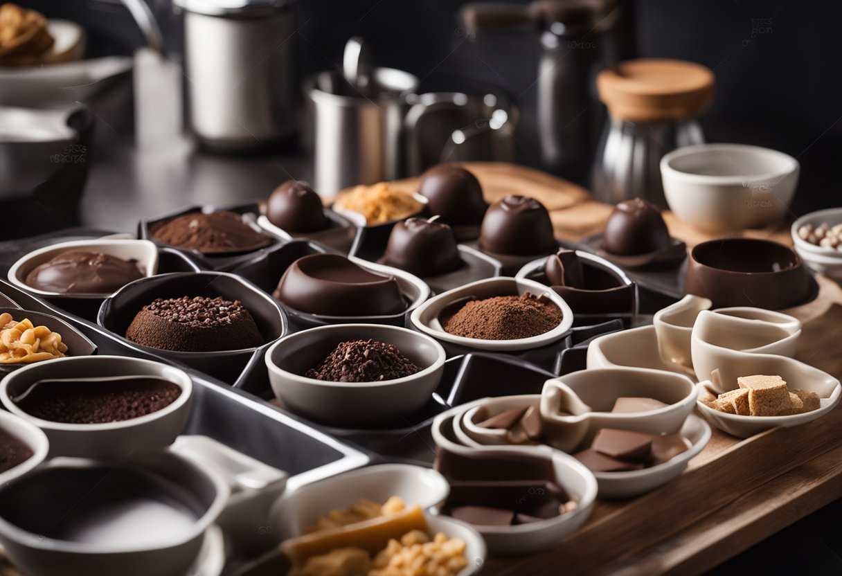 Uma bancada de cozinha com tigelas de ganache, formas de chocolate e vários ingredientes para doces de chocolate caseiros.