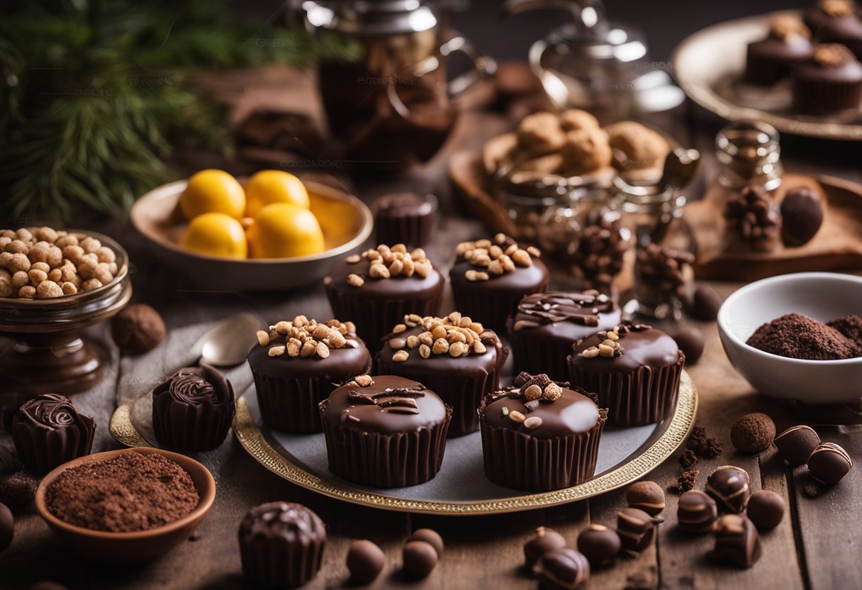 Uma mesa decorada com várias guloseimas de chocolate caseiras, incluindo ganache, trufas e mais, cercada por ingredientes e utensílios coloridos.