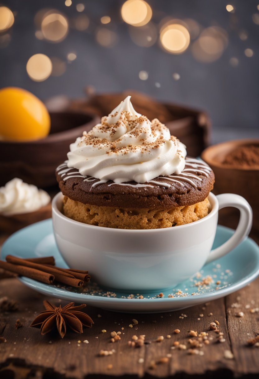 A keto mug cake sitting on a rustic wooden table with a dollop of whipped cream and a sprinkle of cinnamon on top