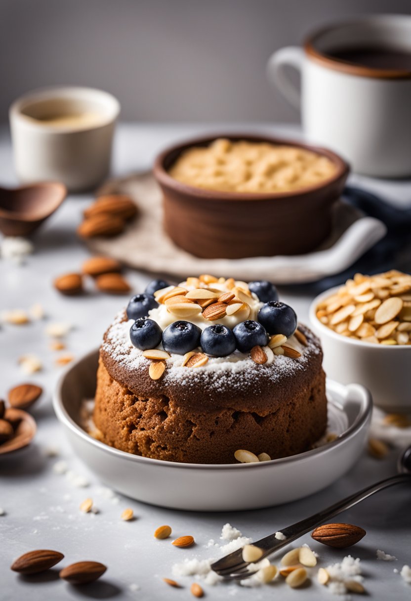 A keto mug cake surrounded by ingredients like almond flour, coconut oil, and a small mixing bowl on a kitchen counter