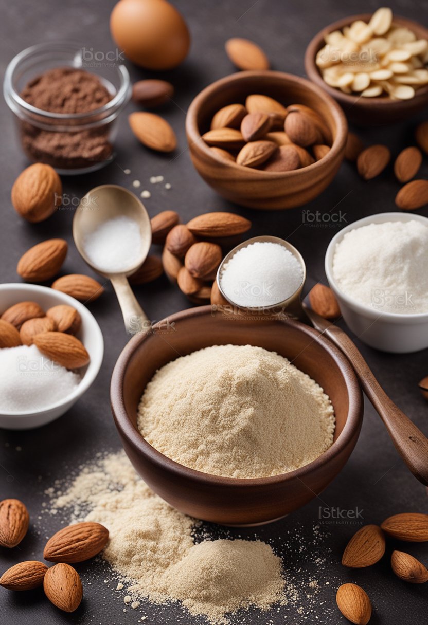 A table with ingredients: almond flour, cocoa powder, sweetener, baking powder, egg, and almond milk. Bowls and measuring spoons scattered