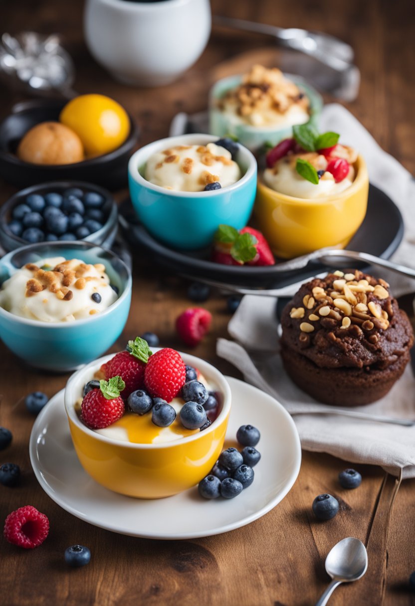 A variety of Keto mug cakes arranged on a table with colorful toppings and garnishes