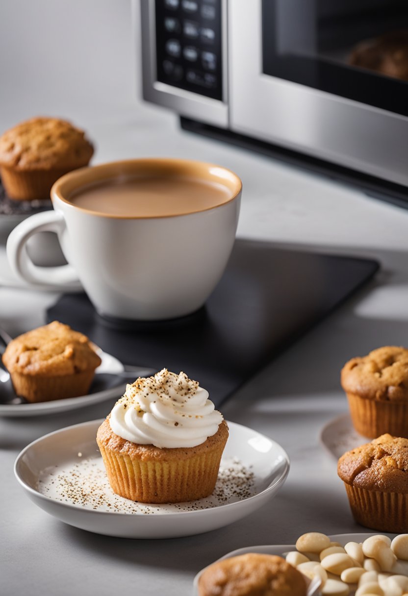 A keto mug cake being mixed in a small bowl, then poured into a mug and placed in the microwave