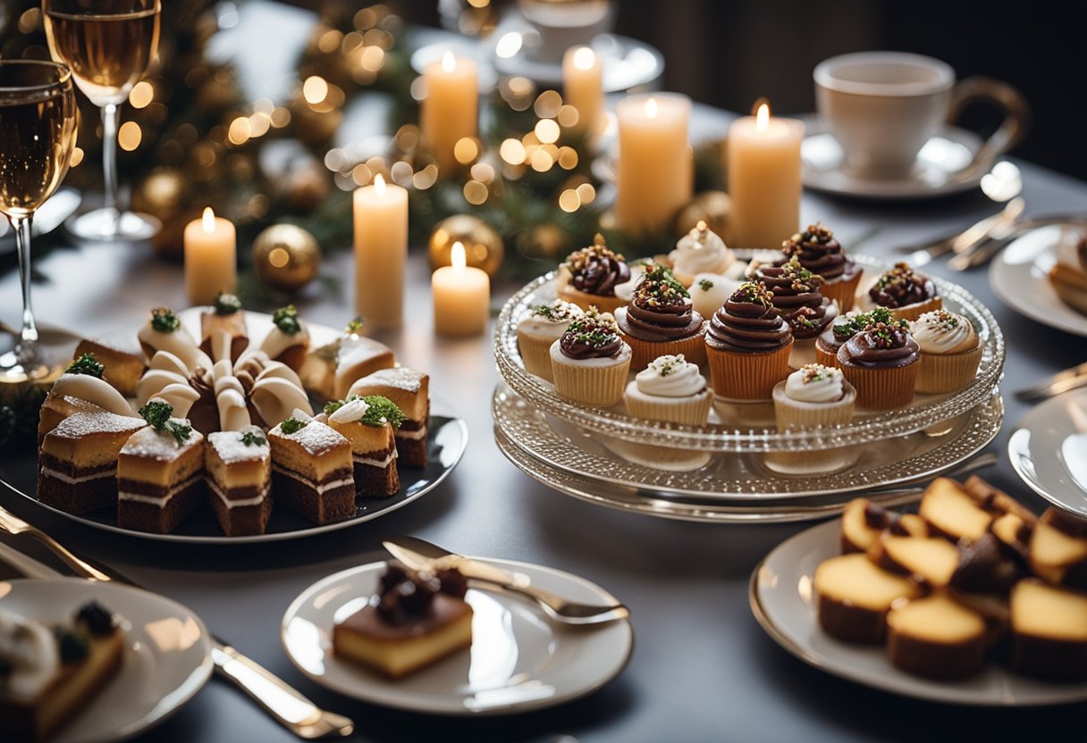 Uma mesa festiva adornada com sobremesas de Natal decadentes e louças elegantes