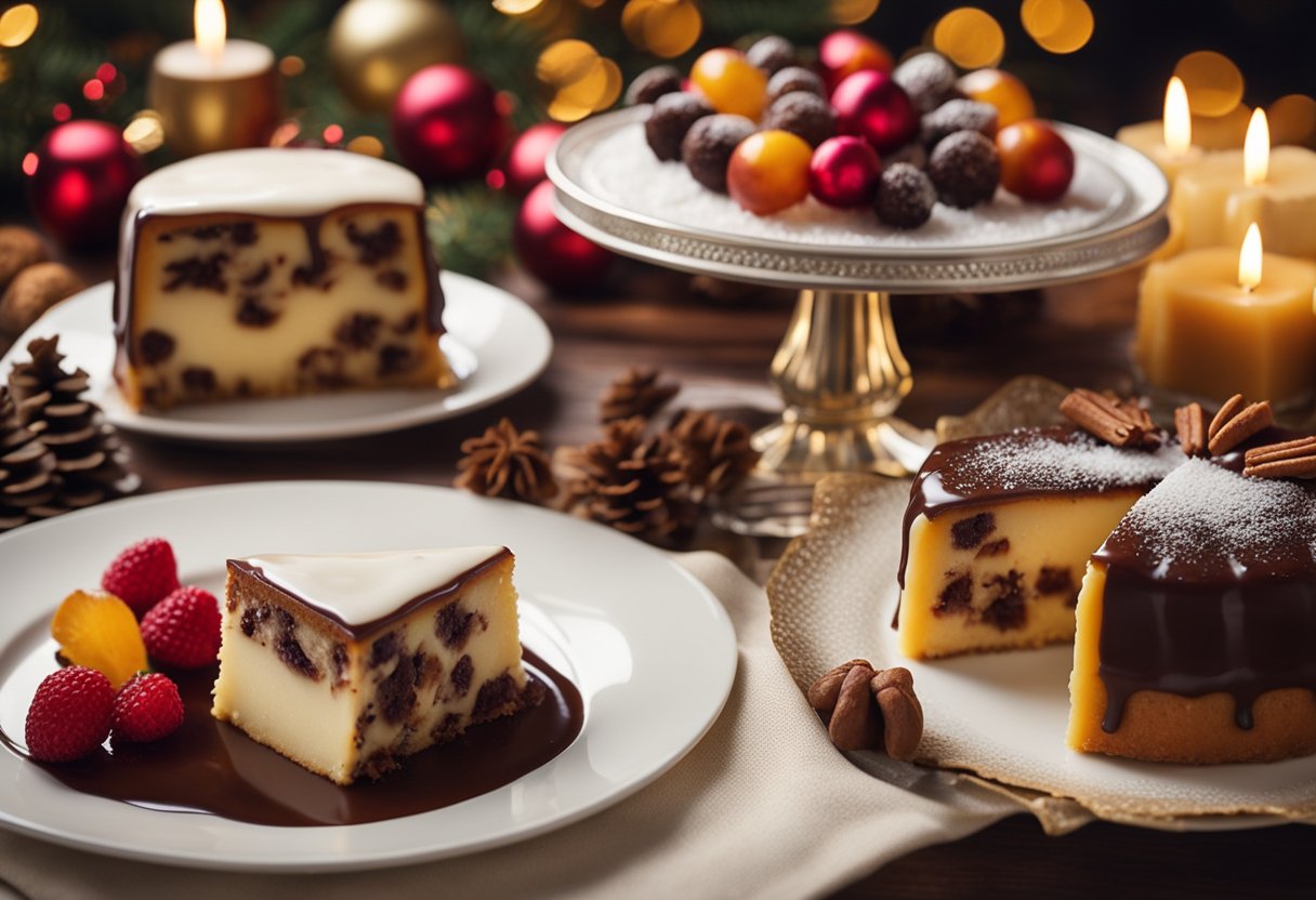 Uma mesa festiva adornada com sobremesas natalinas tradicionais, incluindo um rico bolo de frutas, flan cremoso e trufas de chocolate decadentes.