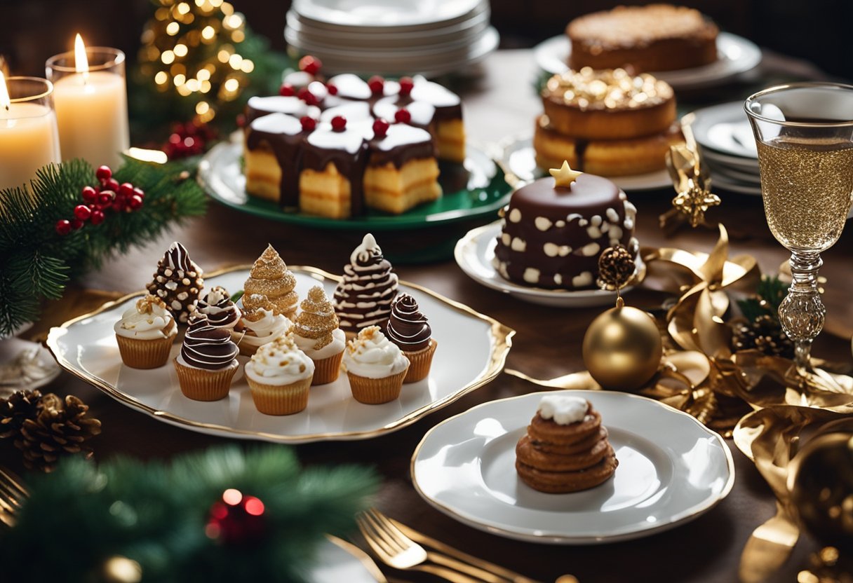 Uma mesa festiva adornada com uma variedade de sobremesas natalinas decadentes, incluindo bolos, doces e guloseimas, cercada por louças elegantes e decorações de Natal.