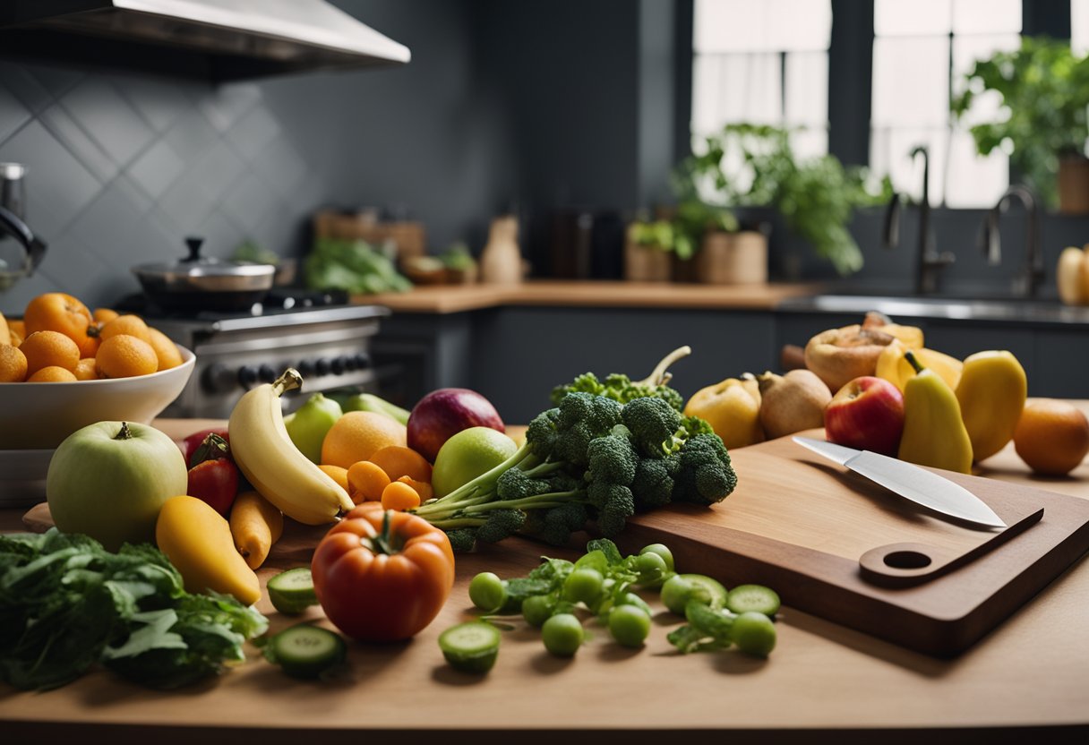 Vários frutos, vegetais e outros itens alimentares dispostos em uma bancada de cozinha. Restos de comida em uma lixeira de compostagem. Uma faca de chef e uma tábua de cortar nas proximidades.