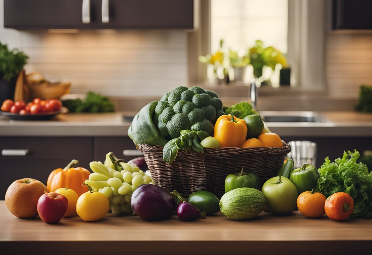 Uma variedade colorida de frutas e vegetais frescos dispostos em uma bancada de cozinha, com uma composteira próxima para coletar restos de comida.