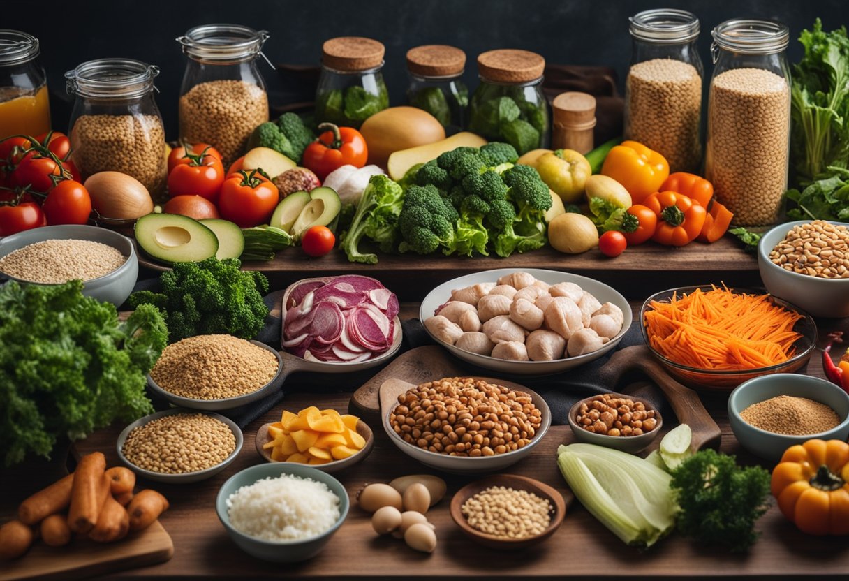 Uma bancada de cozinha colorida com vários itens de comida sobrados, como vegetais, carnes e grãos, dispostos de maneira organizada e visualmente atraente.