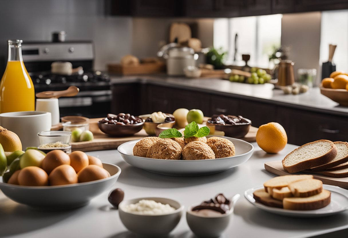 Uma bancada de cozinha com vários ingredientes e sobras, incluindo frutas, pão e chocolate, cercada por utensílios e ferramentas de cozinha, pronta para ser transformada em lanches e sobremesas criativas.