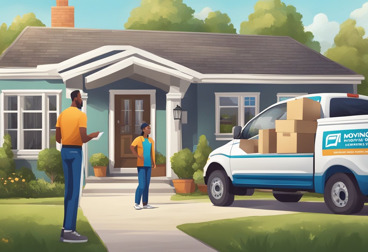 A family home filled with moving boxes and furniture, a moving truck parked outside, and a moving company representative discussing details with the homeowner