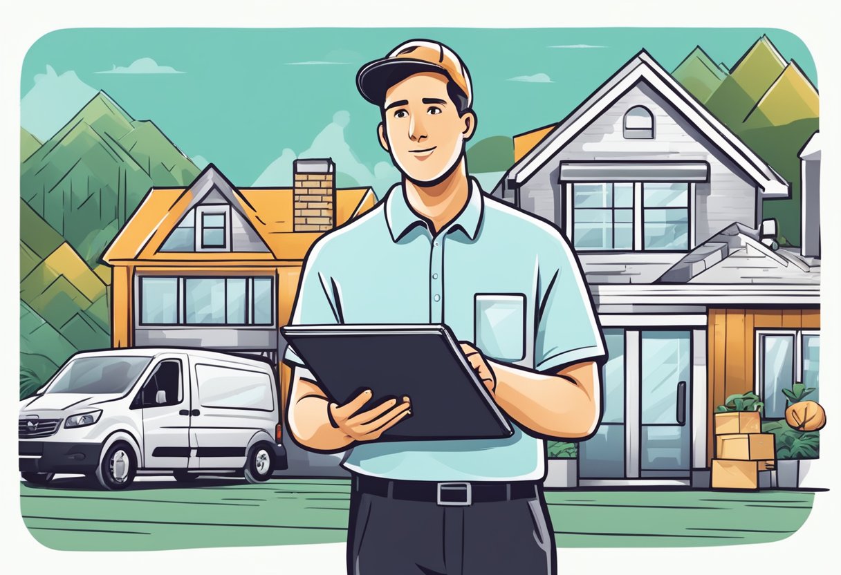 A person holding a clipboard and inspecting a moving company's logo, license, insurance documents, and customer reviews