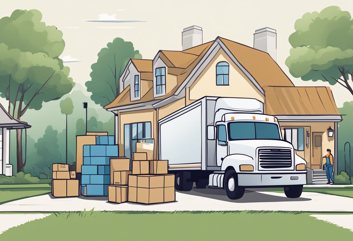 A moving truck parked in front of a house, with movers unloading boxes and furniture. A checklist of safety questions is displayed nearby