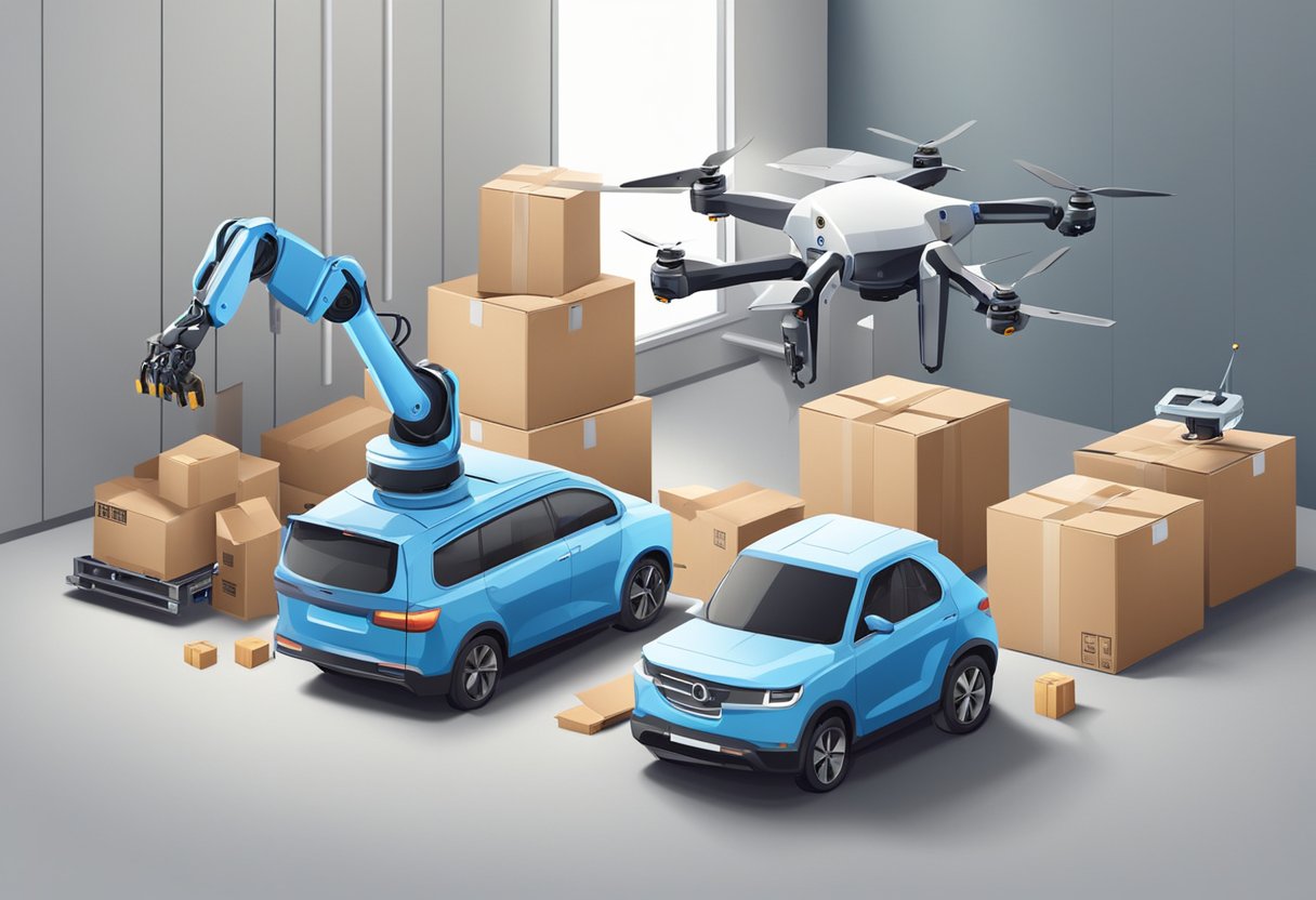 Robotic arms packing boxes, while drones carry them to a moving truck. Smart devices control appliances and lighting in the emptying house