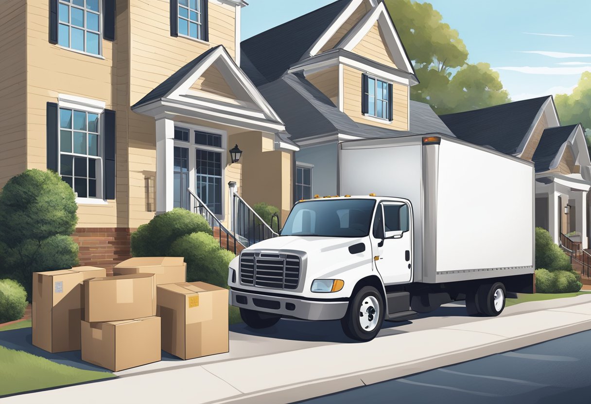 A moving truck parked outside a suburban Atlanta home, with boxes being efficiently loaded and unloaded by movers