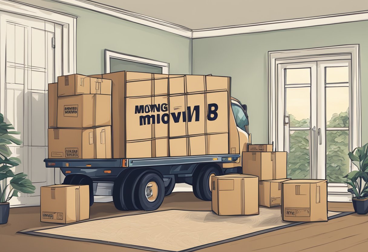 Moving boxes stacked neatly in a living room, labeled with different room names. A moving truck parked outside the house with movers carrying furniture