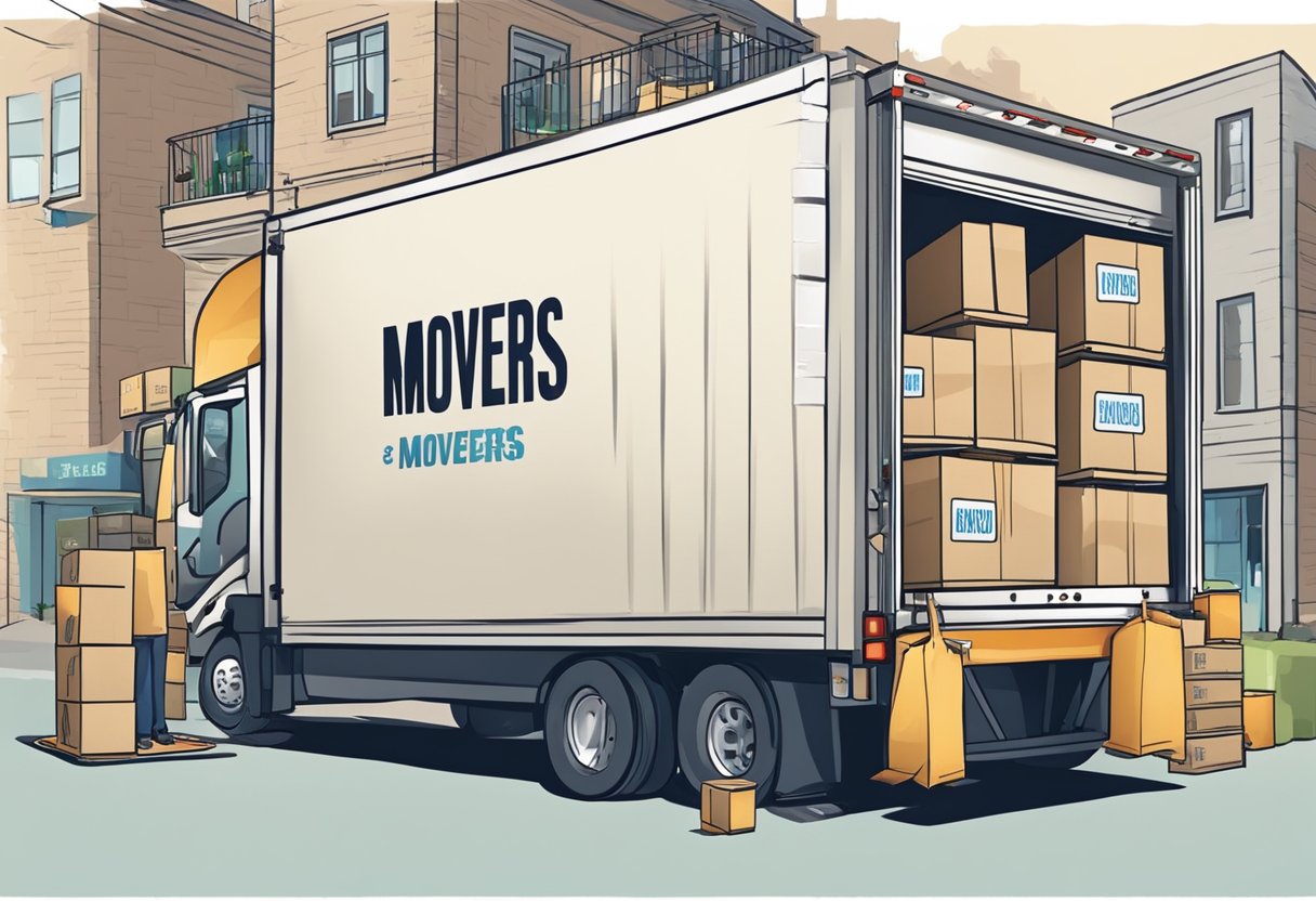 A moving truck parked with straps securing boxes, bubble-wrapped furniture, and labeled containers, with movers carefully loading and organizing items