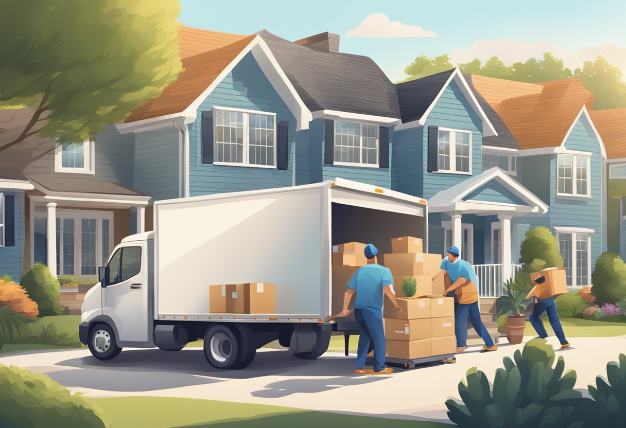 A moving truck parked in front of a tidy suburban home, with boxes and furniture being efficiently loaded by a team of movers