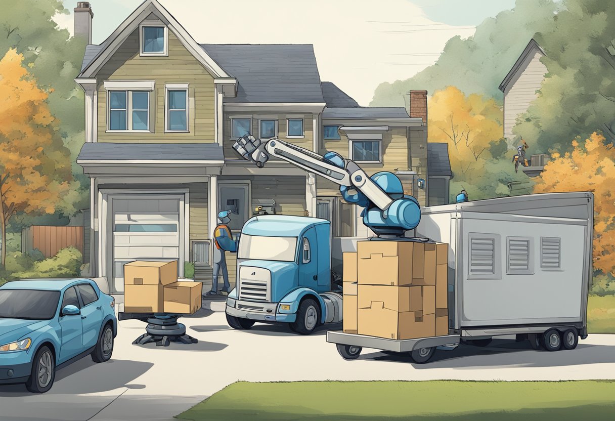 A moving truck backed up to a house, while a robotic arm loaded boxes onto a conveyor belt. Another robot greeted the homeowners with a tablet