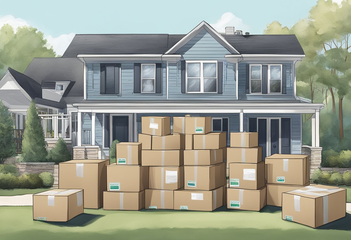 A neatly organized living room with labeled boxes, furniture wrapped in protective coverings, and a moving truck parked outside a suburban home in Atlanta, GA