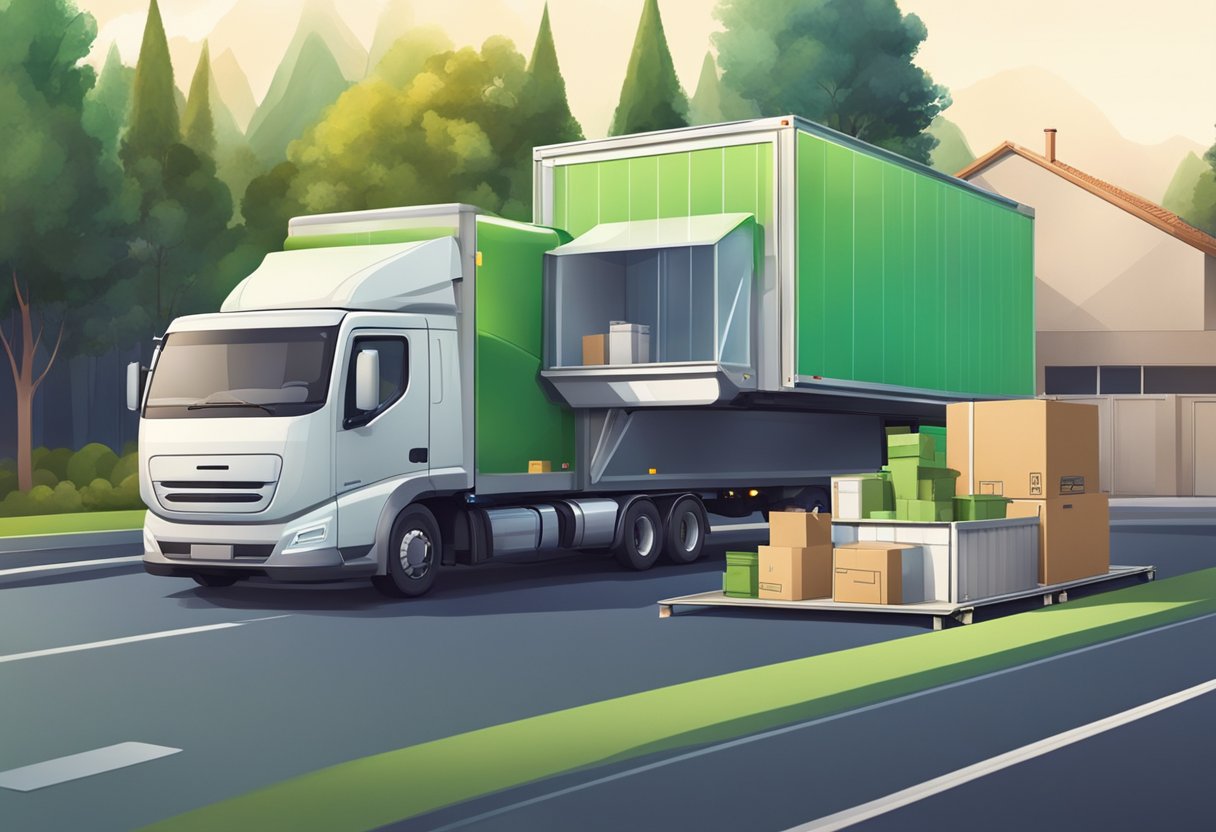 A modern, automated moving truck unloading eco-friendly, reusable packing materials into a smart home equipped with IoT devices for seamless unpacking and organization