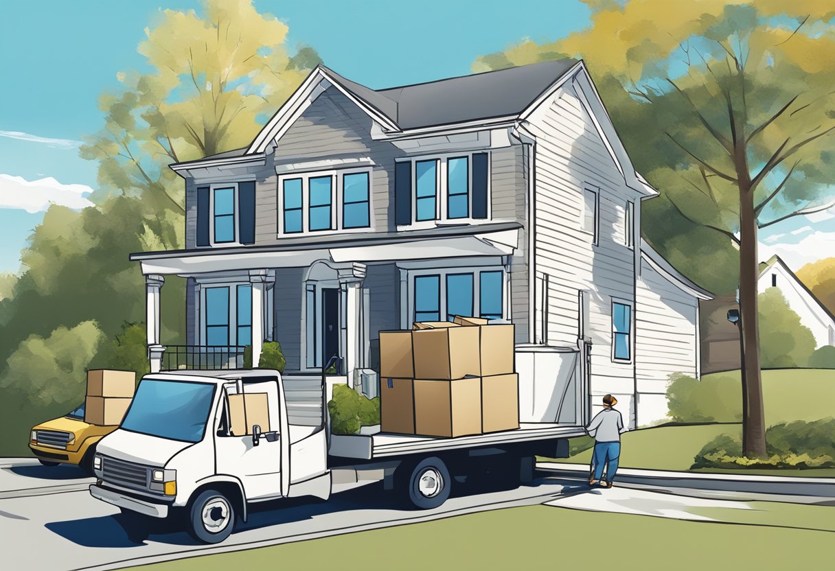 A moving truck parked outside a suburban home in Atlanta, GA. Boxes and furniture being loaded onto the truck by movers. Sunny day with a clear blue sky