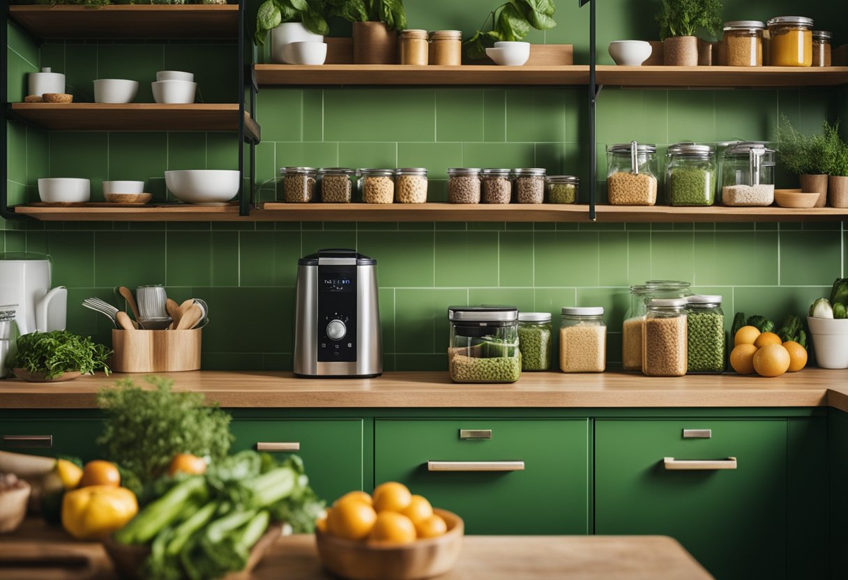 Uma cozinha verde vibrante com uma variedade de ingredientes à base de plantas e substitutos para produtos de origem animal na bancada e na despensa.