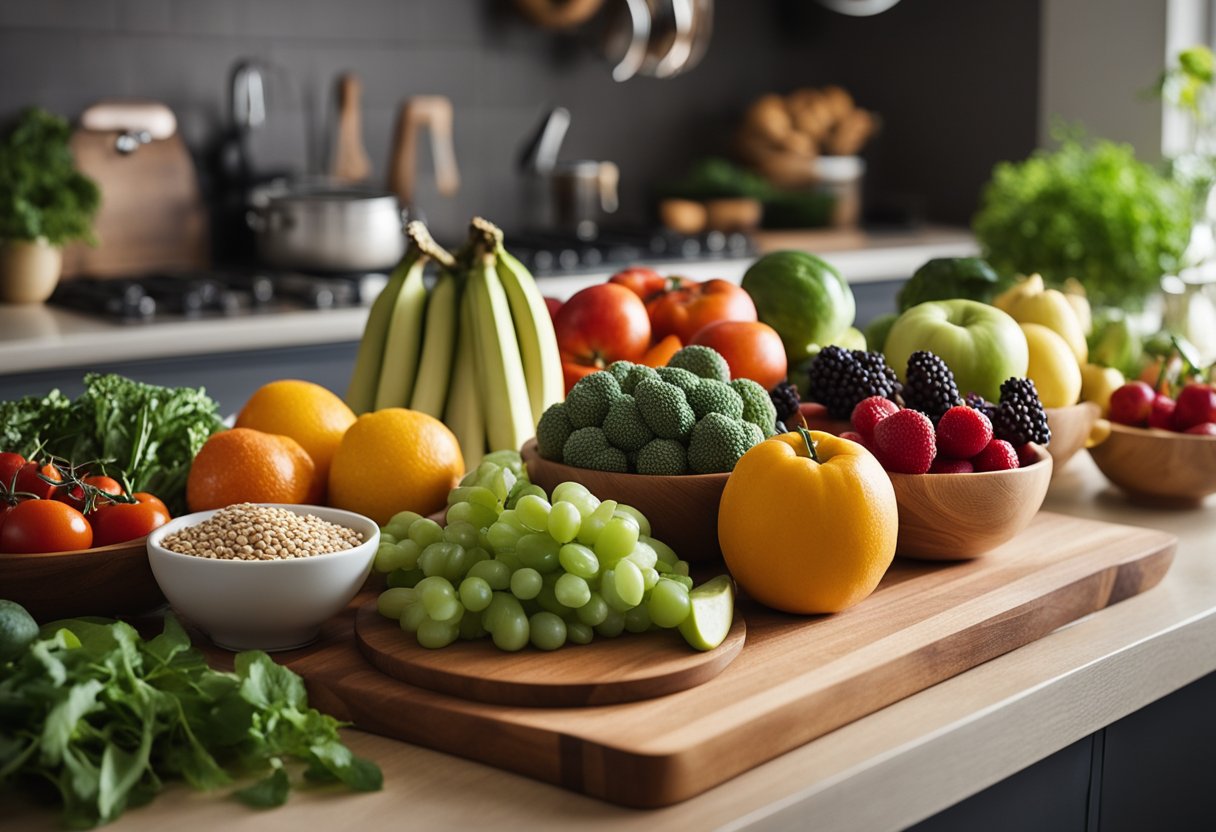 Uma bancada de cozinha colorida com uma variedade de frutas frescas, legumes, grãos e ingredientes à base de plantas organizados de forma ordenada em tábuas de corte e em tigelas.