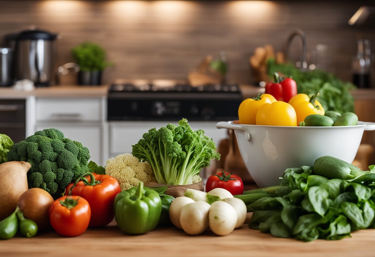 Uma cozinha colorida com uma variedade de vegetais frescos, frutas e ingredientes à base de plantas dispostos em uma bancada de madeira. Um livro de receitas aberto em uma página sobre substituições de ingredientes veganos está próximo.