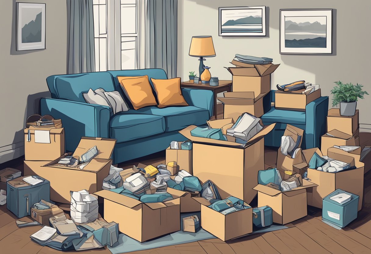 A family's belongings scattered around a chaotic living room as they pack for a long-distance move, with boxes labeled and stacked haphazardly