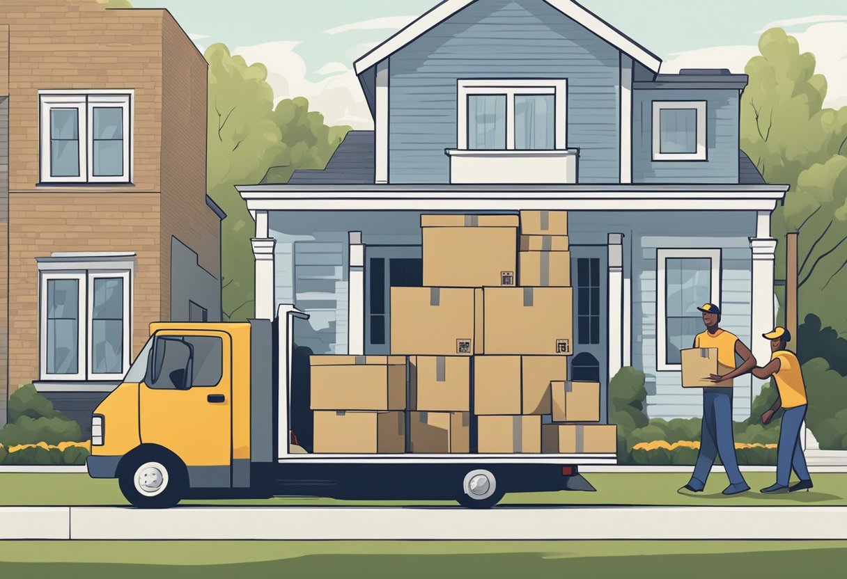 A moving truck parked in front of a suburban house, with movers carrying boxes and furniture into the home. A clipboard with paperwork is being exchanged between the homeowner and the moving company representative