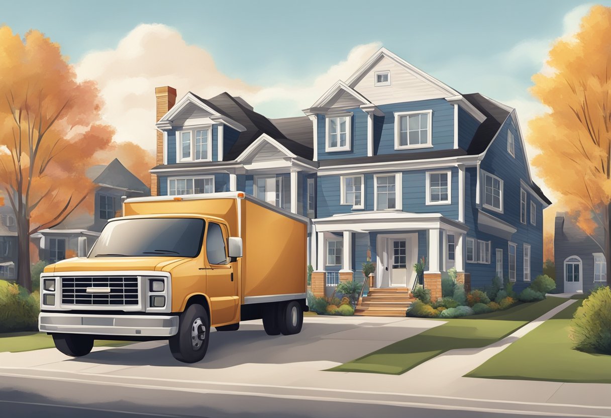 A moving truck parked in front of a suburban home, with movers carrying boxes and furniture into the house