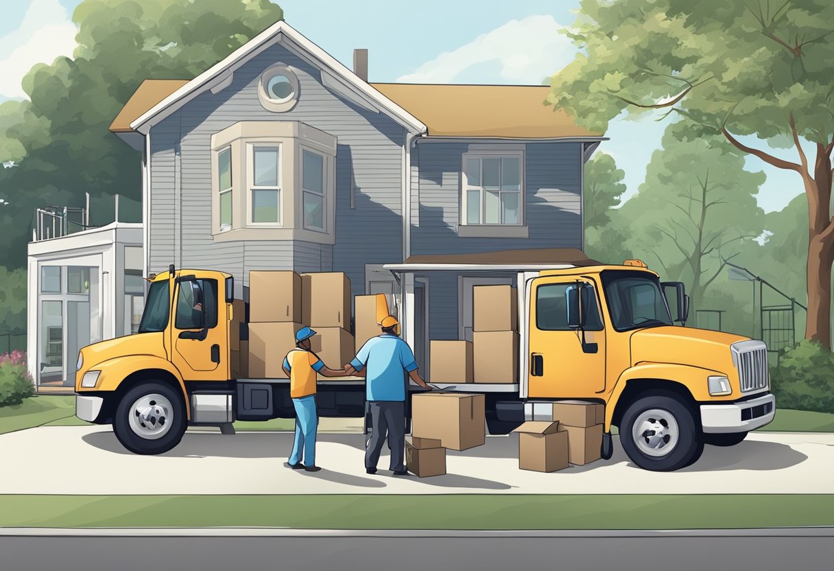 A moving truck parked in front of a house, with workers unloading boxes and furniture while a representative discusses services with the homeowner