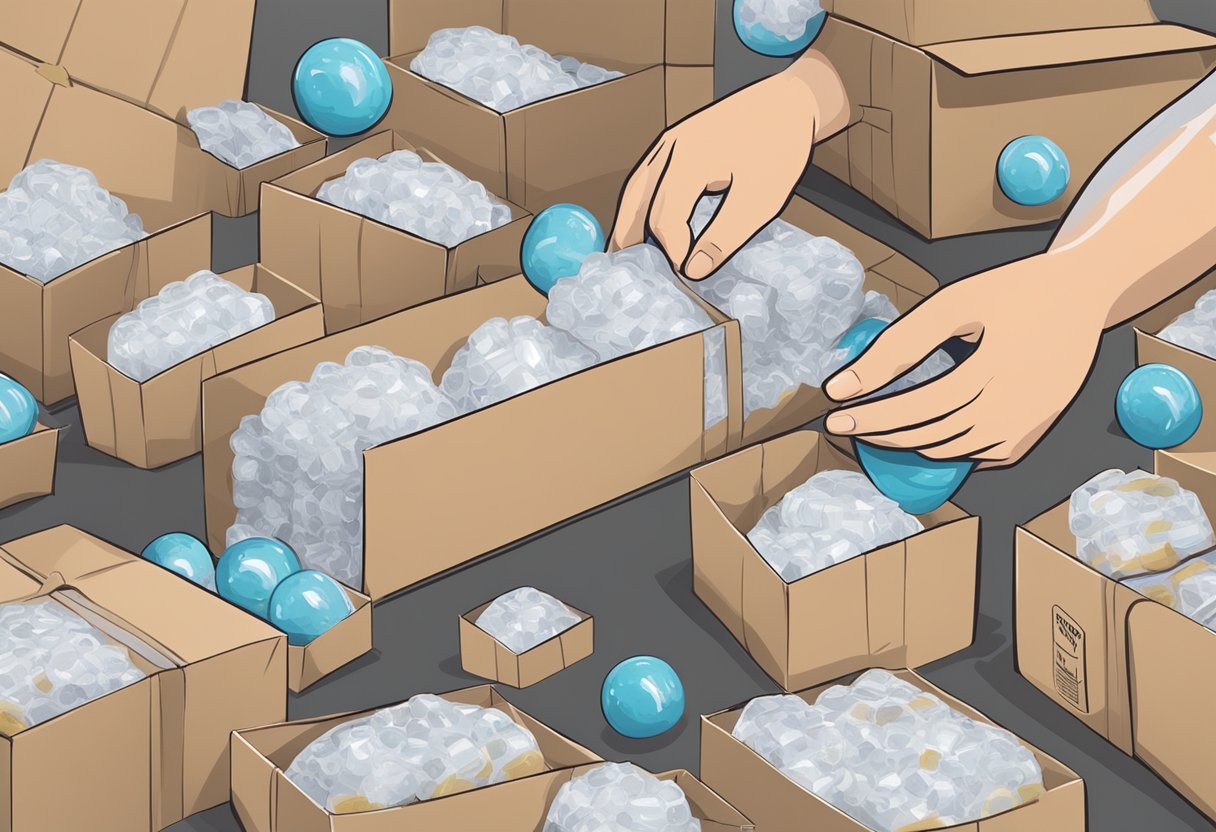 A pair of hands carefully wrapping delicate items in bubble wrap and placing them into sturdy boxes, surrounded by packing materials and labeled with fragile stickers