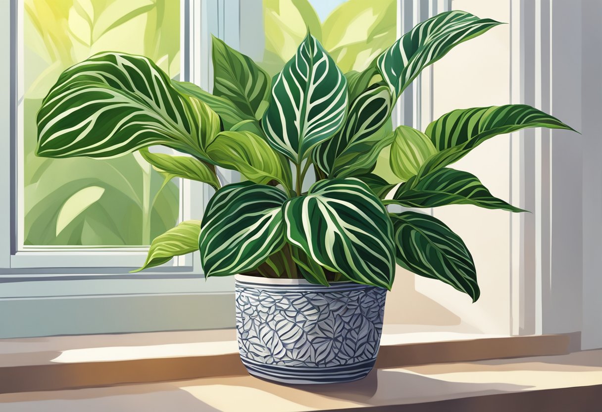 A lush, vibrant Calathea insignis 'Beauty Star' plant sits in a decorative pot on a sunlit windowsill, its striking patterned leaves capturing the viewer's attention