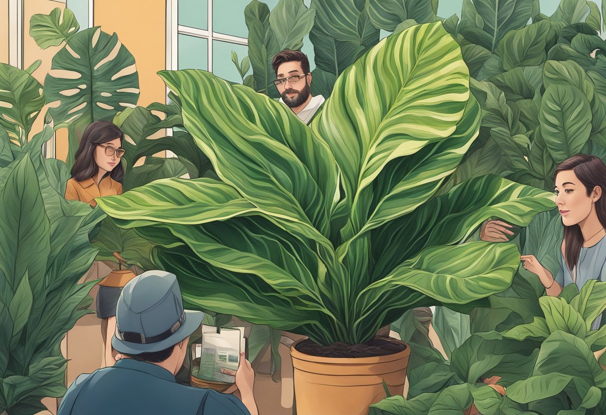 A lush, vibrant Calathea insignis 'Beauty Star' plant surrounded by curious onlookers seeking information