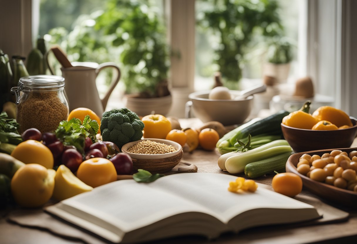 Uma mesa com frutas frescas, vegetais e grãos, cercada por utensílios de cozinha e um livro de receitas, banhada pela luz natural de uma janela próxima