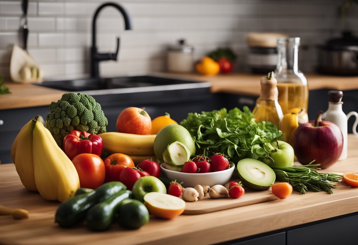 Uma bancada de cozinha com frutas frescas, vegetais e utensílios de cozinha. Um livro de receitas intitulado "Guia Prático para Receitas Veganas Simples" aberto em uma página com cinco receitas.