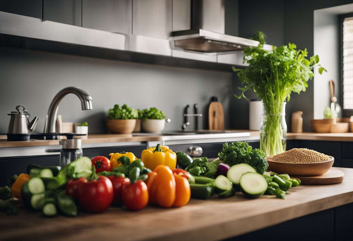 Uma bancada de cozinha com legumes frescos, grãos e ingredientes à base de plantas. Um livro de receitas aberto em receitas veganas. Uma atmosfera acolhedora e convidativa.