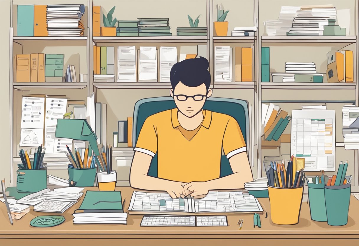 A tidy desk with labeled moving boxes, a calendar with deadlines, and a clear to-do list. A focused person working calmly amidst the organized chaos