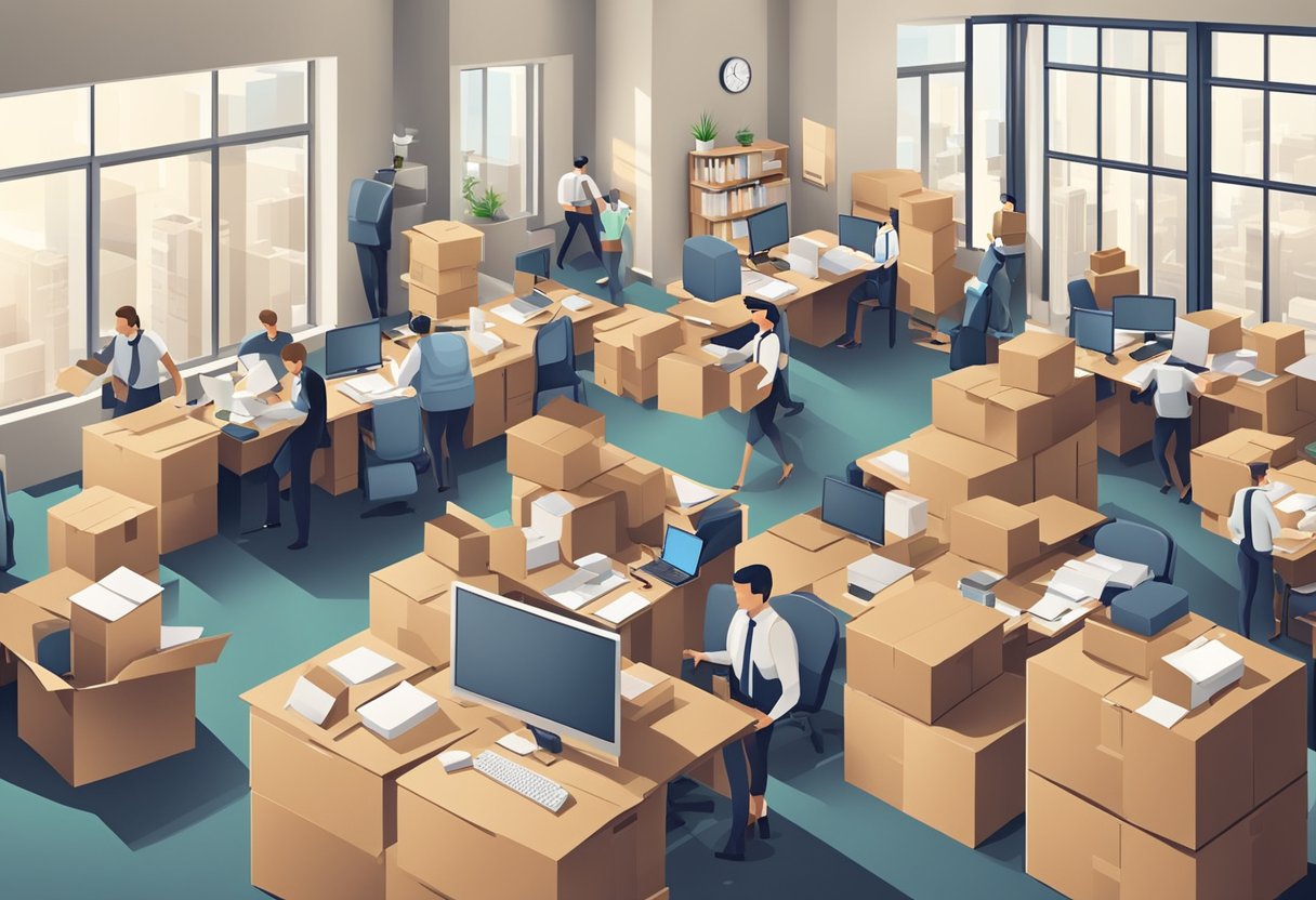 A bustling office with movers carrying boxes, coordinating with staff, and organizing furniture for a smooth and successful relocation