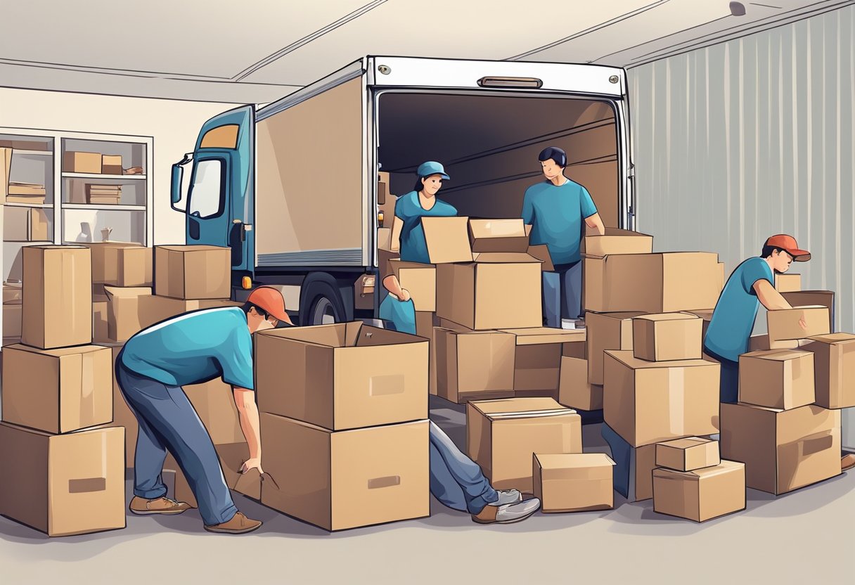 A family packing boxes and furniture with care, while avoiding heavy lifting and overloading moving trucks