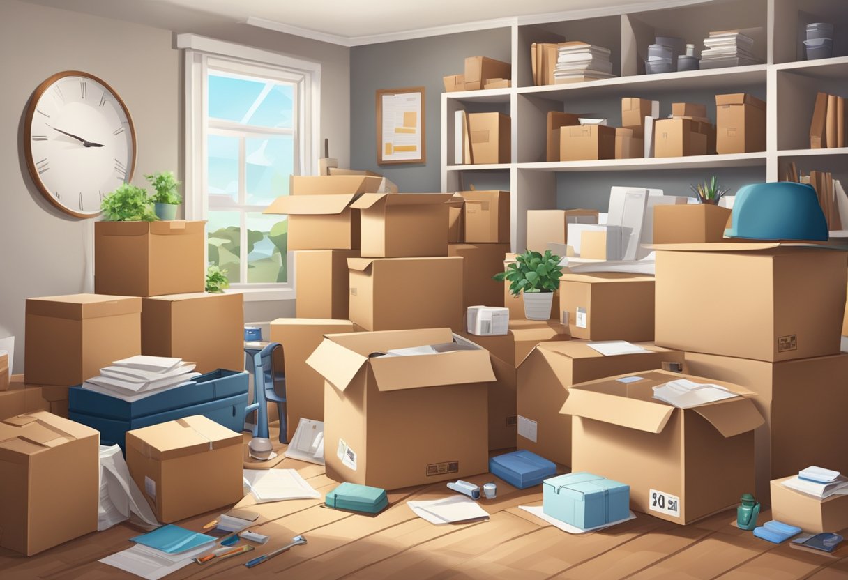 A family home with packed boxes, furniture, and moving supplies scattered around. A checklist and calendar on the wall. A sense of organization and preparation