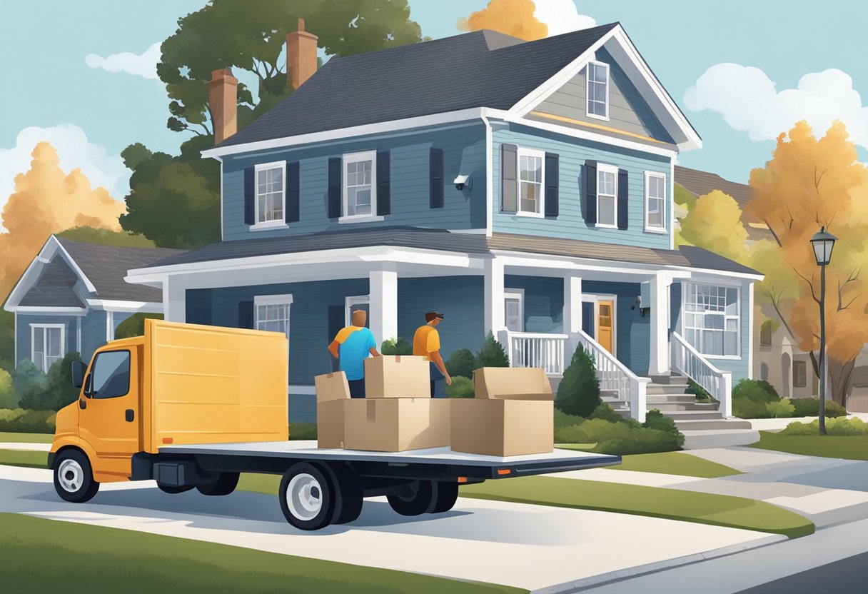 A moving truck parked in front of a house, with movers carrying furniture and boxes out of the home and loading them into the truck