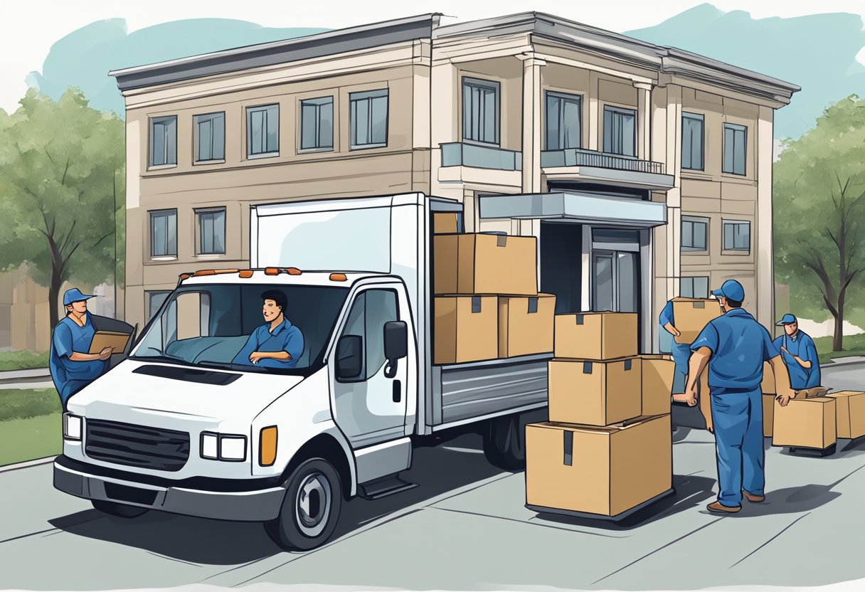 A moving truck parked outside an office building, with workers carrying boxes and furniture into the truck. A supervisor oversees the process, while employees discuss the move