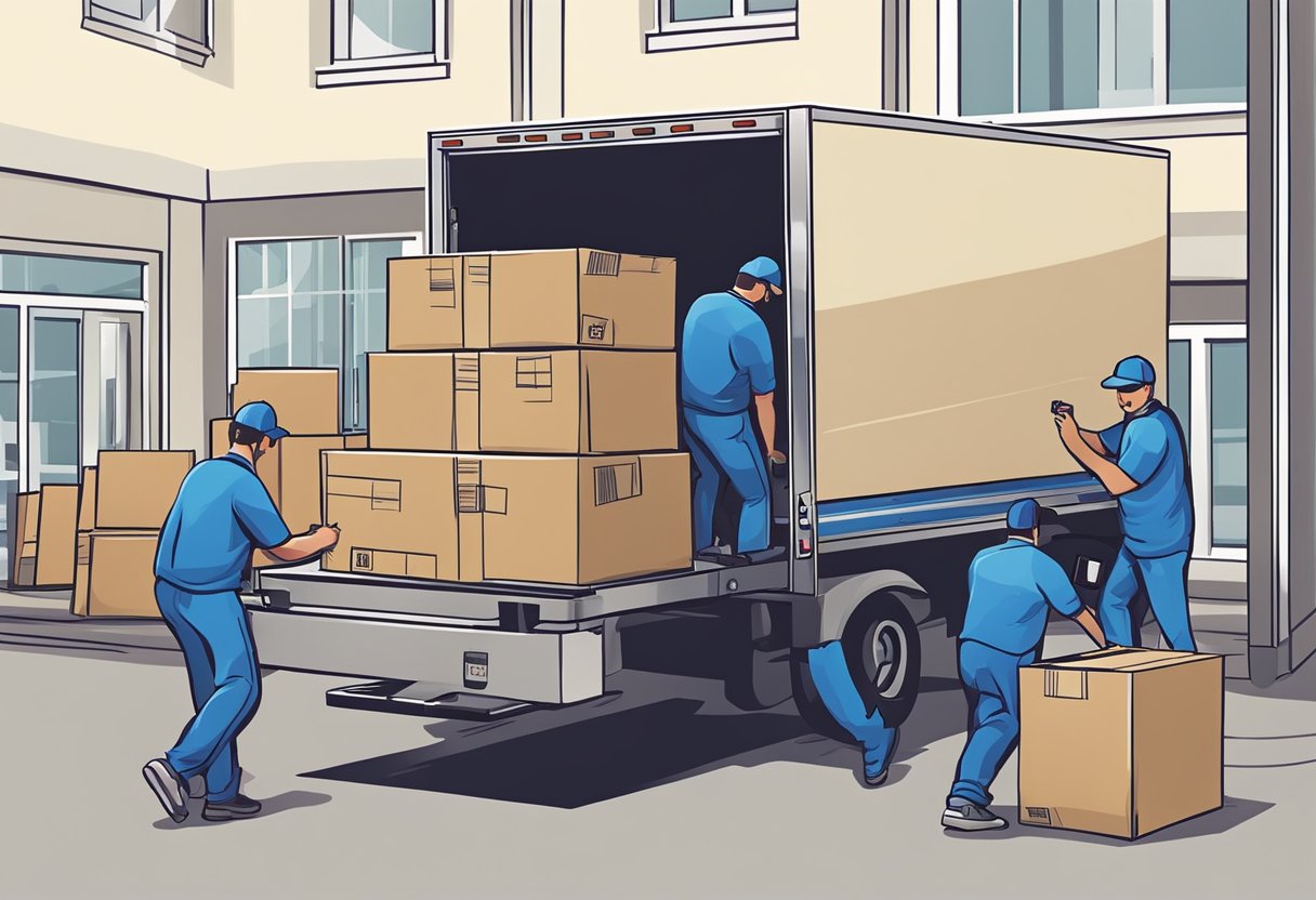 A group of movers packing and loading office furniture and equipment onto a moving truck. The movers are carefully wrapping and securing items before transporting them to a new location