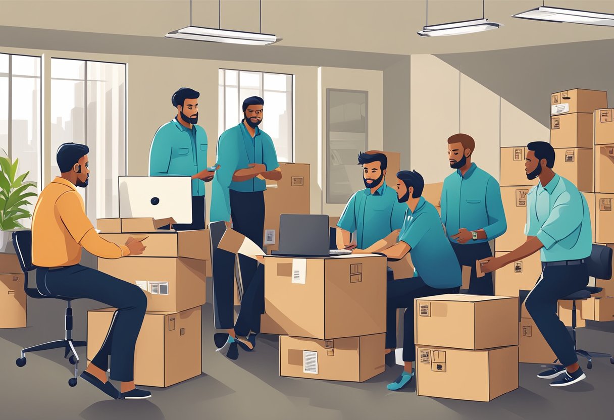 A group of office movers discussing post-moving support and policies, surrounded by moving boxes and office furniture